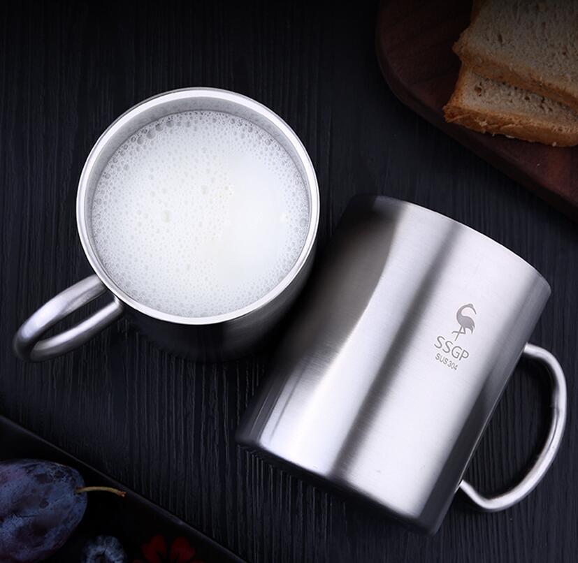 Double Layer 304 Stainless Steel Cup Handgrip Tea Water Travel Coffee Mug 400ml