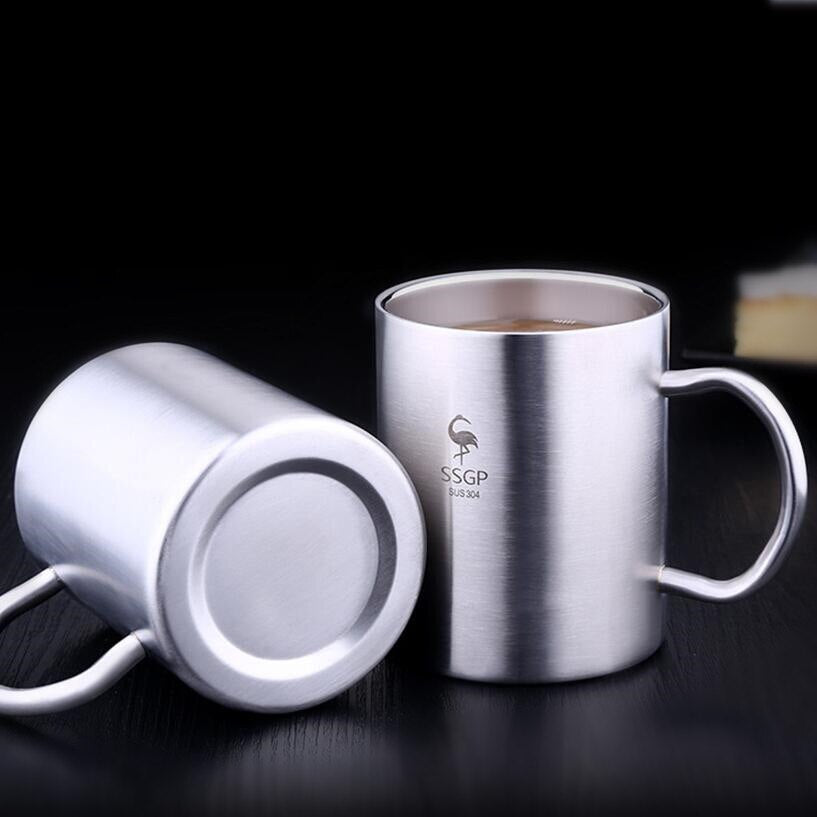 Double Layer 304 Stainless Steel Cup Handgrip Tea Water Travel Coffee Mug 400ml