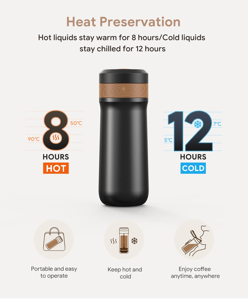 Portable Coffee Maker Stainless Steel Insulated Coffee Press Car Travel French Press Tea Maker Coffee Pot Outdoor Coffee Mug Cup