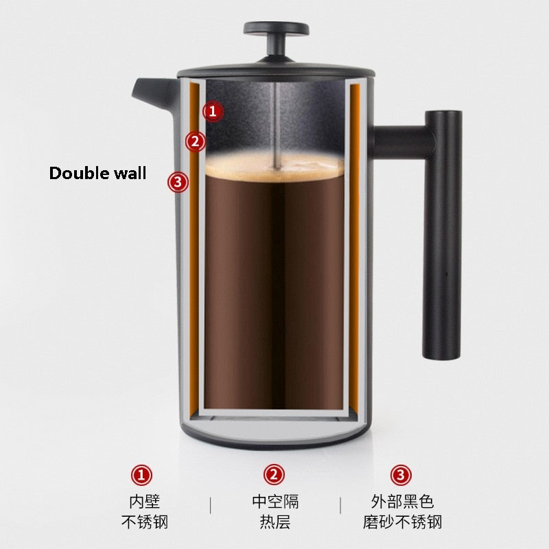 1L Vacuum Double Wall Stainless Steel French Press Coffee Maker Cafe Pot Kitchen Accessories Teapot Free Shipping Cafe Machine