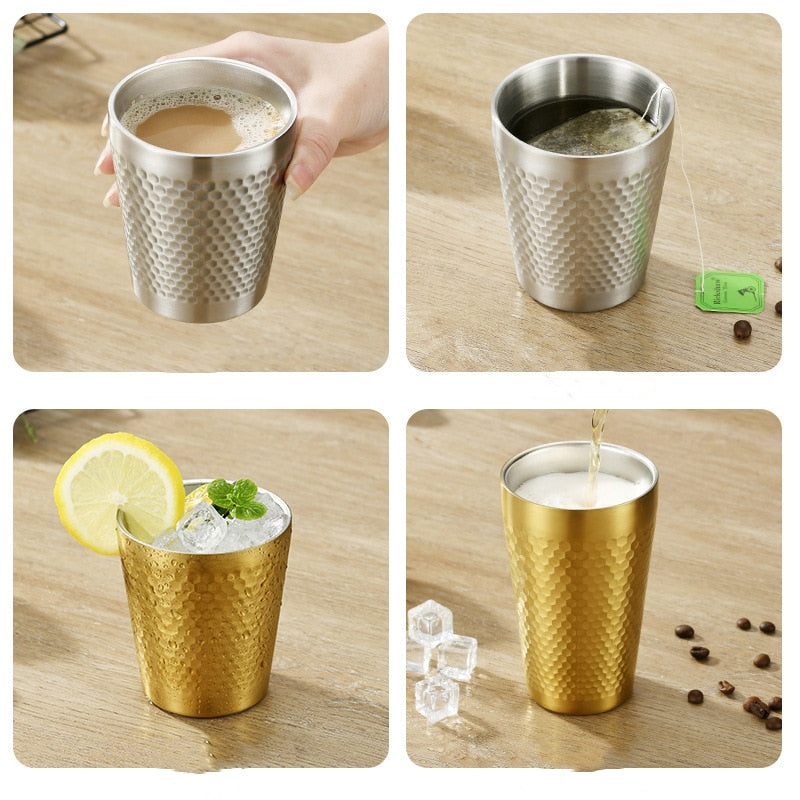 Double-Wall 304 Stainless Steel Mug Hammer Diamond Texture Coffee Double-Wall Prevents Scalding Mug Beer Cup Water Mugs