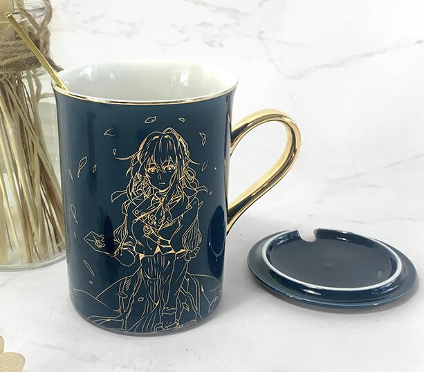 Anime Fate/stay night Tohsaka Rin Saber Gold Stamping Ceramic Coffee Mug Cup Men Women Fashion Spoon+Cup lid Cup