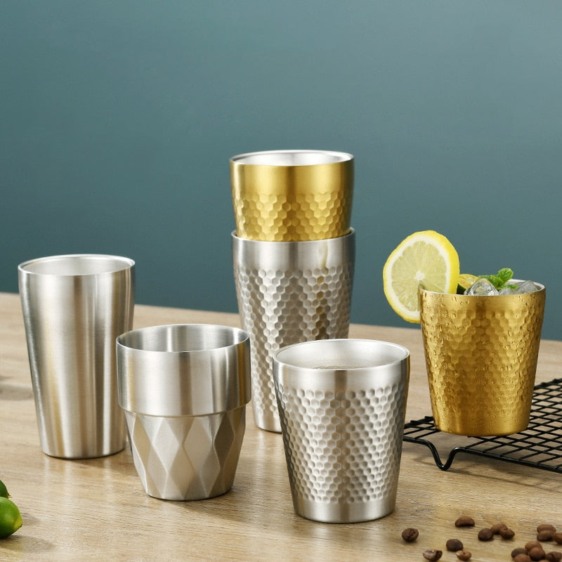 Double-Wall 304 Stainless Steel Mug Hammer Diamond Texture Coffee Double-Wall Prevents Scalding Mug Beer Cup Water Mugs