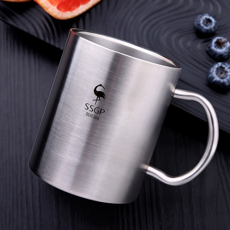 Double Layer 304 Stainless Steel Cup Handgrip Tea Water Travel Coffee Mug 400ml