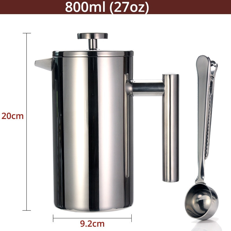 Best French Press Coffee Maker - Double Wall 304 Stainless Steel - Keeps Brewed Coffee or Tea Hot-3 size with sealing clip/Spoon