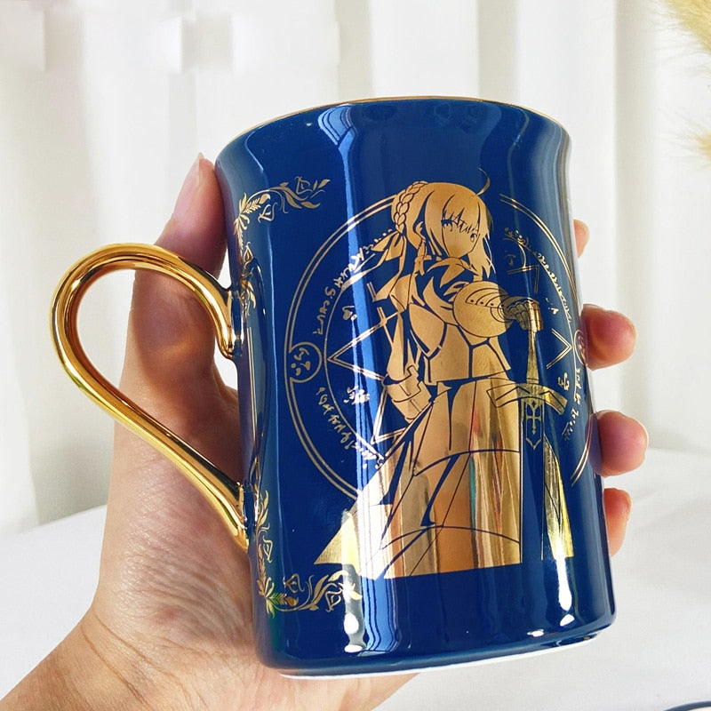 Anime Fate/stay night Tohsaka Rin Saber Gold Stamping Ceramic Coffee Mug Cup Men Women Fashion Spoon+Cup lid Cup