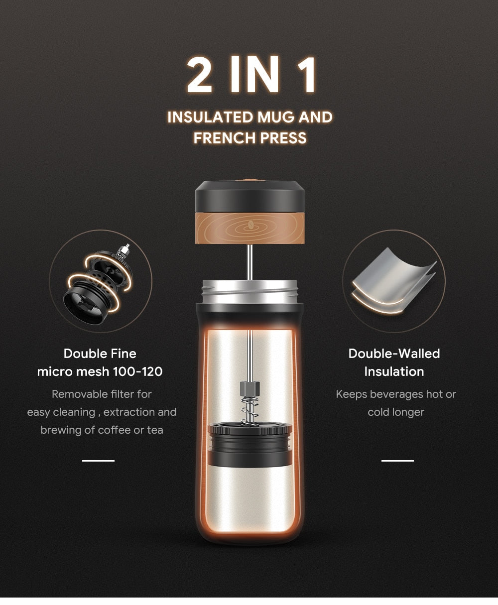 Portable Coffee Maker Stainless Steel Insulated Coffee Press Car Travel French Press Tea Maker Coffee Pot Outdoor Coffee Mug Cup