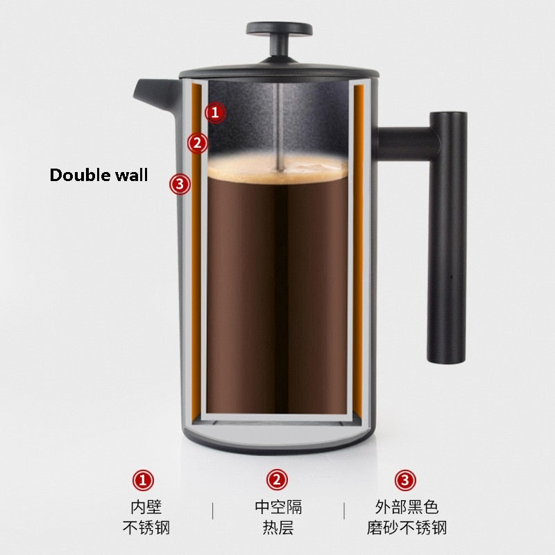 1L Vacuum Double Wall Stainless Steel French Press Coffee Maker Cafe Pot  Kitchen Accessories Teapot Free Shipping Cafe Machine